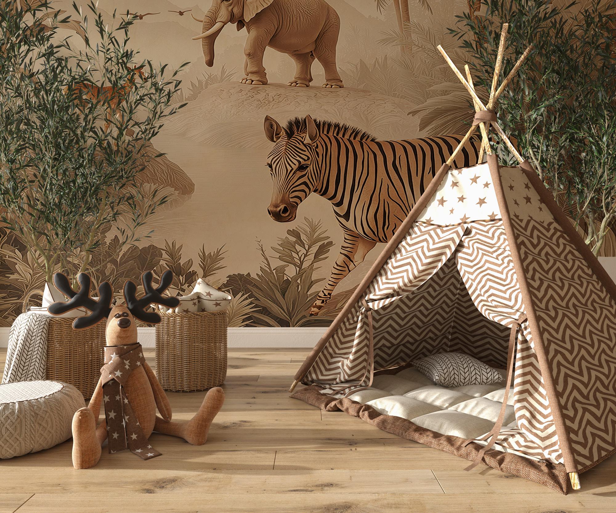 Safari Animals Wallpaper, Jungle Wall Mural, Beige Nursery Decor, Peel and Stick - View 3