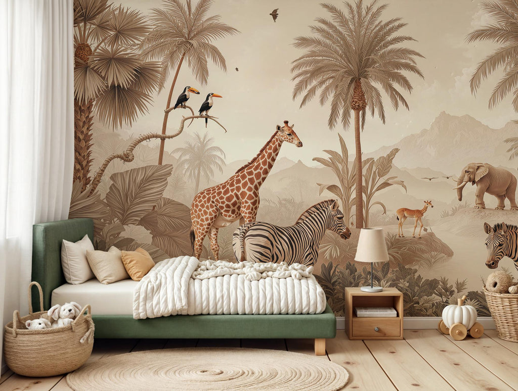 Safari Animals Wallpaper, Jungle Wall Mural, Beige Nursery Decor, Peel and Stick