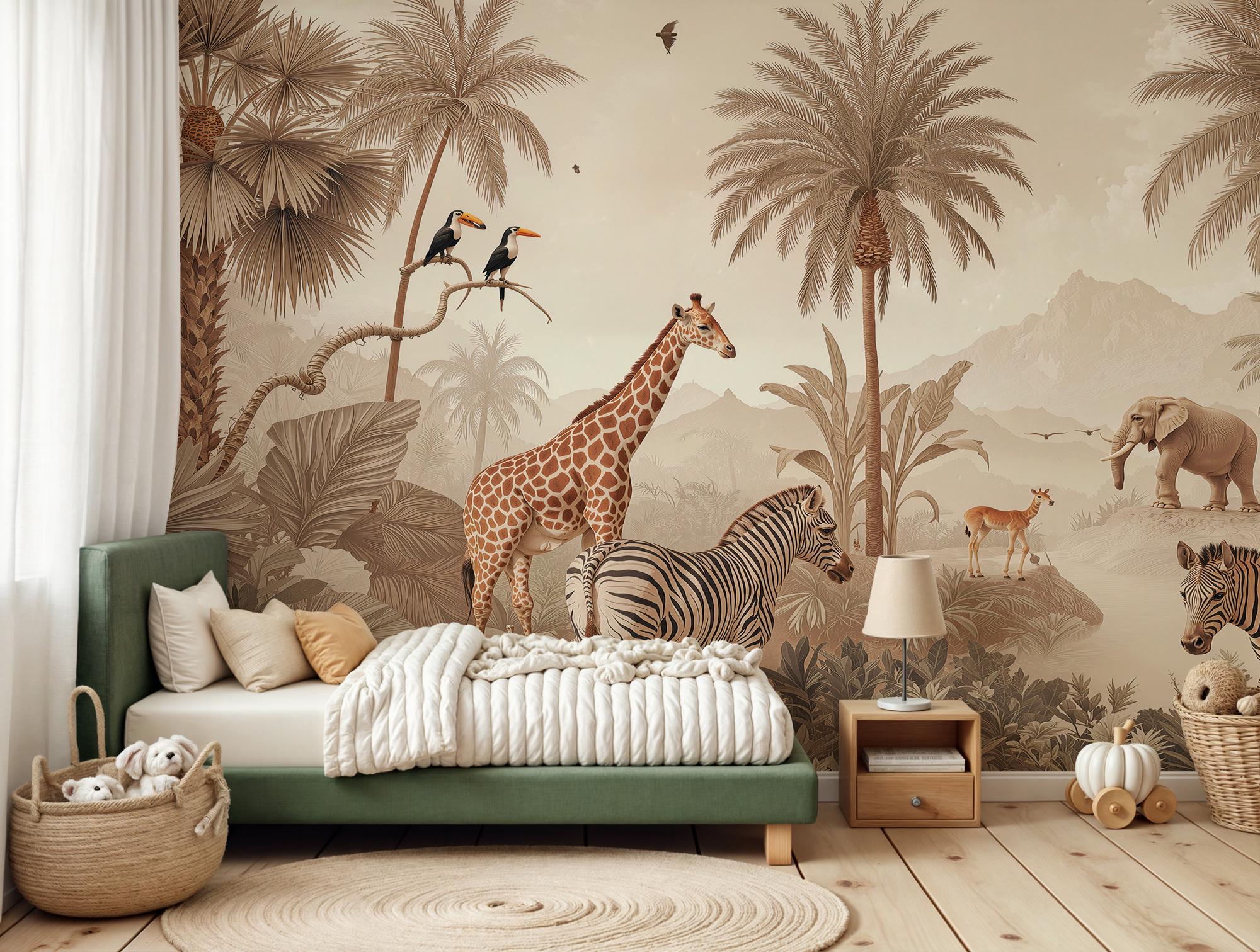 Safari Animals Wallpaper, Jungle Wall Mural, Beige Nursery Decor, Peel and Stick