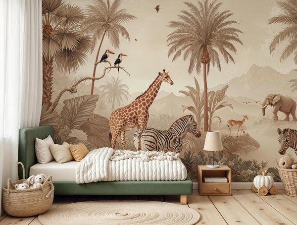 Safari Animals Wallpaper, Jungle Wall Mural, Beige Nursery Decor, Peel and Stick