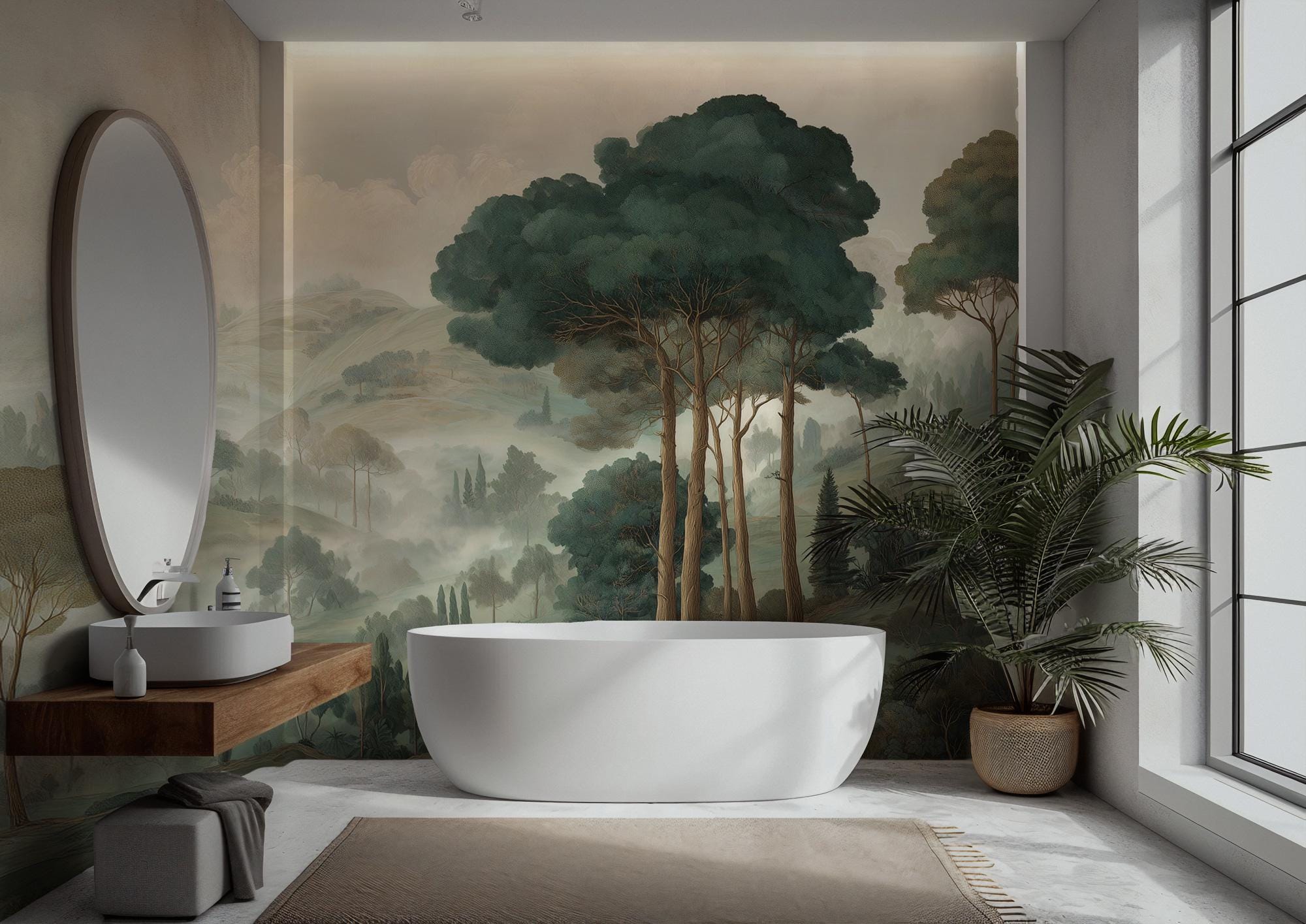 Misty Forest Peel and Stick Wall Mural, Classic European Landscape Wallpaper - View 5