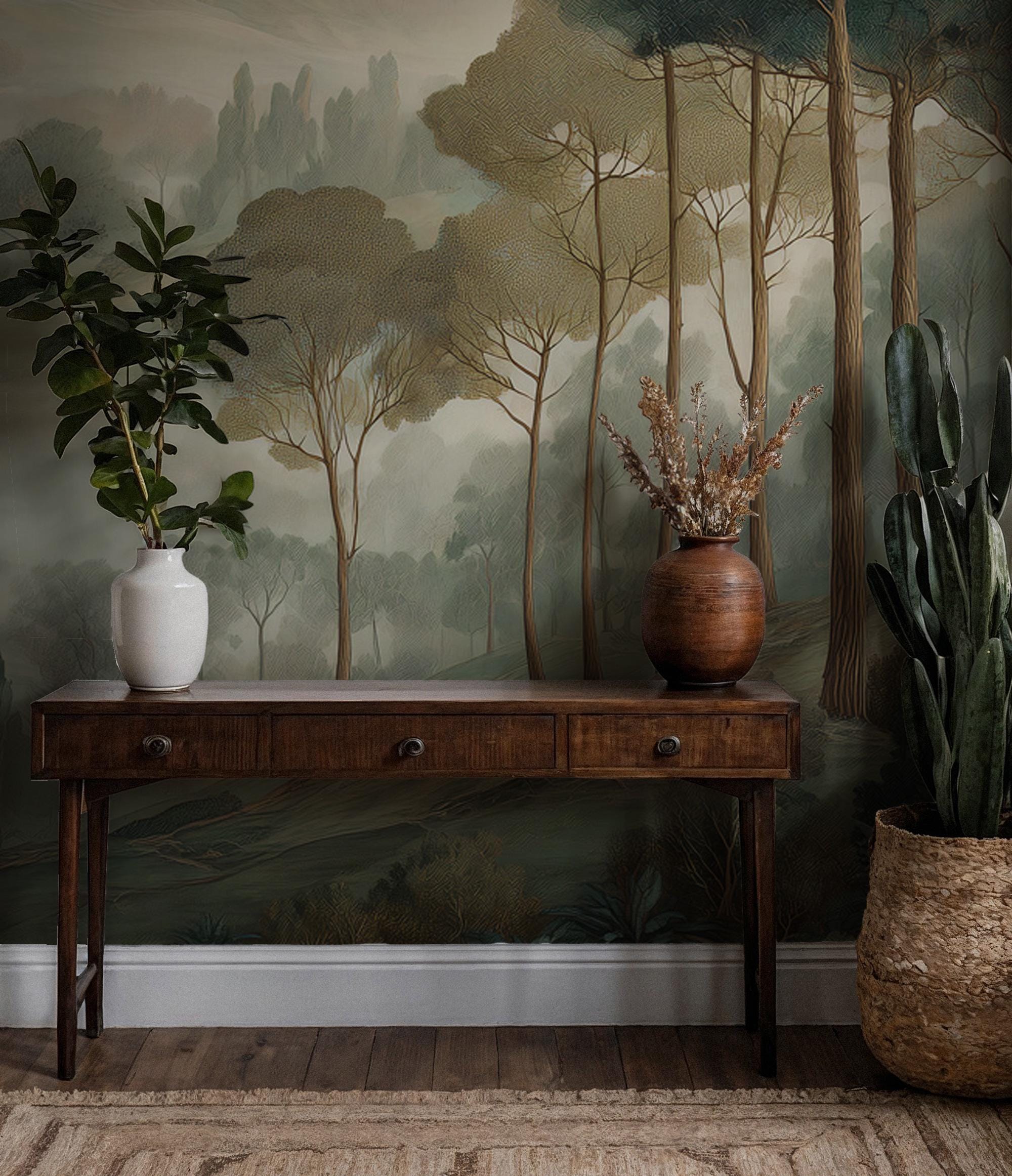 Misty Forest Peel and Stick Wall Mural, Classic European Landscape Wallpaper - View 2