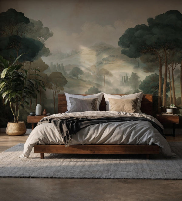 Misty Forest Peel and Stick Wall Mural, Classic European Landscape Wallpaper