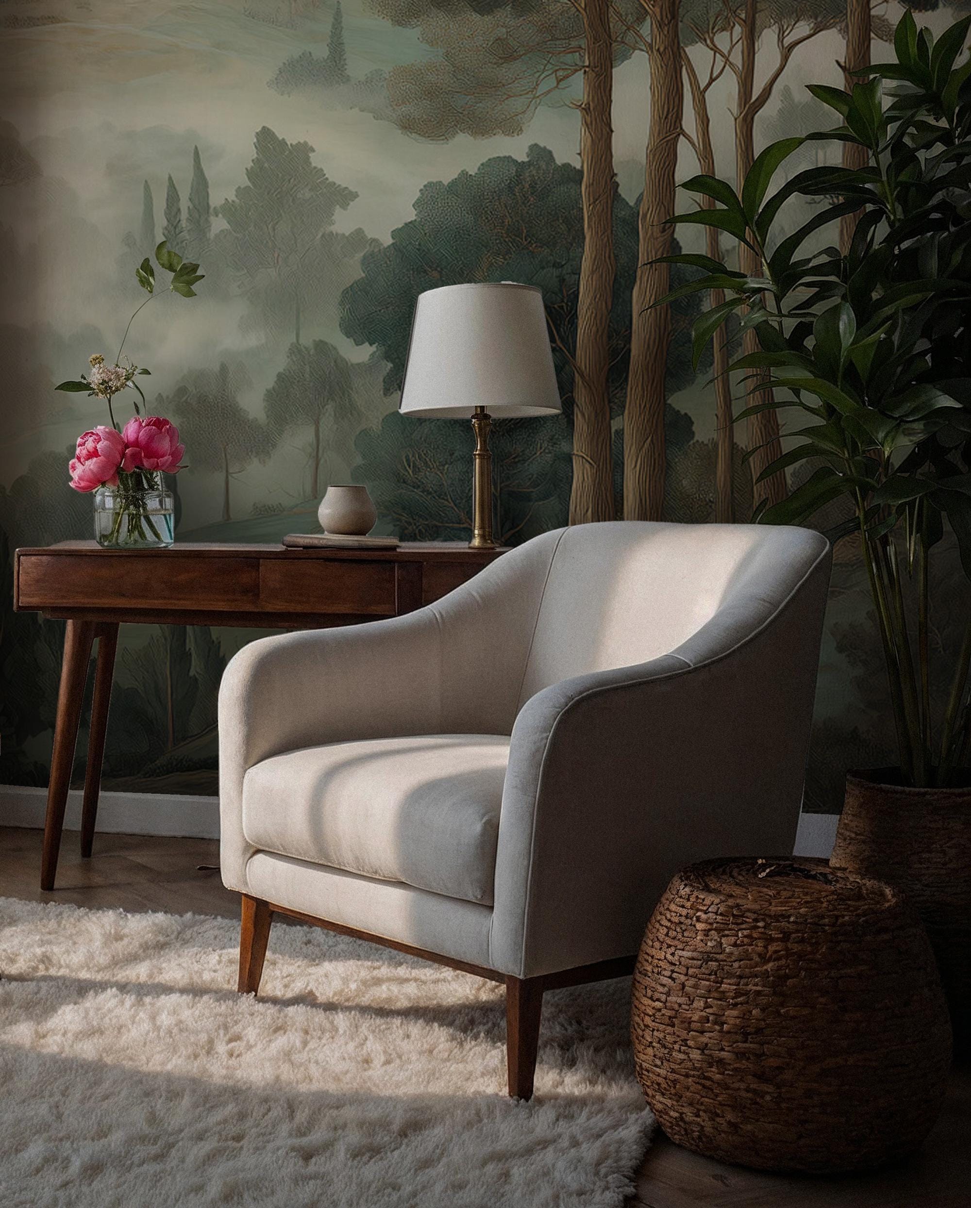Misty Forest Peel and Stick Wall Mural, Classic European Landscape Wallpaper - View 4