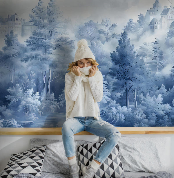 Blue Toile de Jouy Peel and Stick Wallpaper, Romantic European Forest Wall Mural
