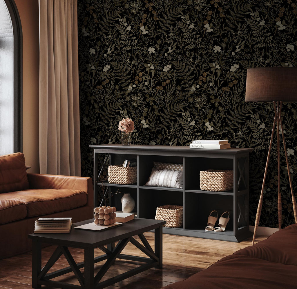 Dark Leafl Peel and Stick Wallpaper: Moody Botanical Wall Mural - View 2