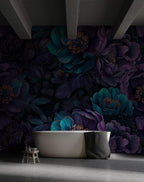 Deep Teal & Purple Floral Wallpaper: Dark Moody Botanical Peel and Stick Wall Mural - View 4