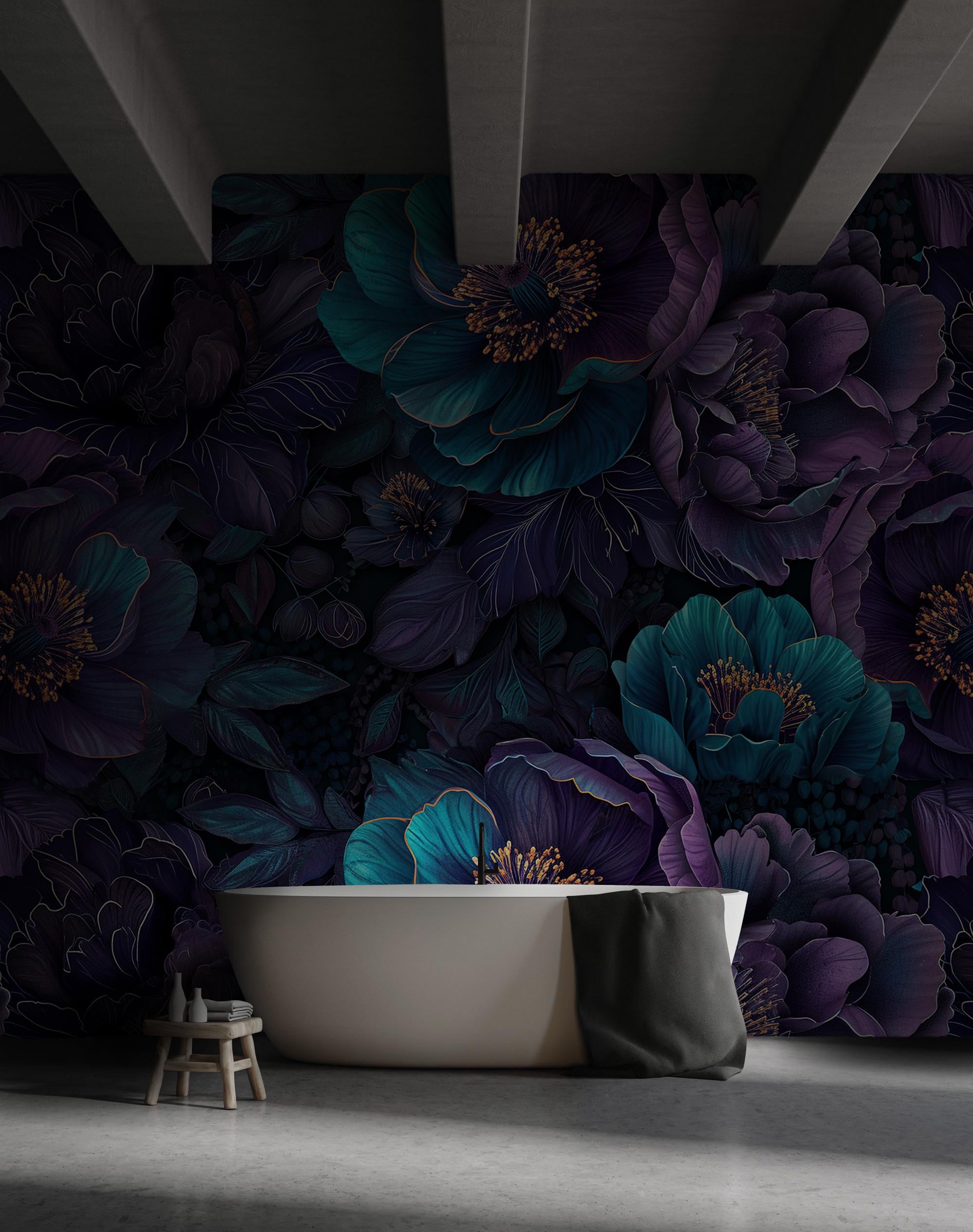 Deep Teal & Purple Floral Wallpaper: Dark Moody Botanical Peel and Stick Wall Mural - View 4