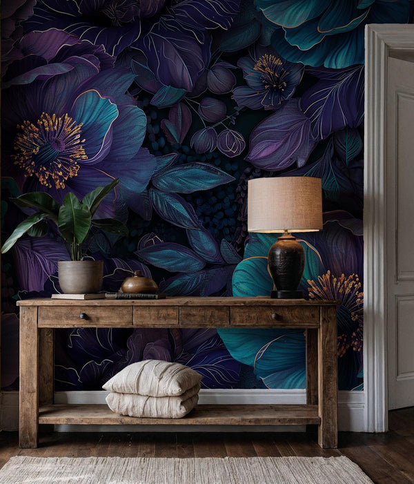 Deep Teal & Purple Floral Wallpaper: Dark Moody Botanical Peel and Stick Wall Mural