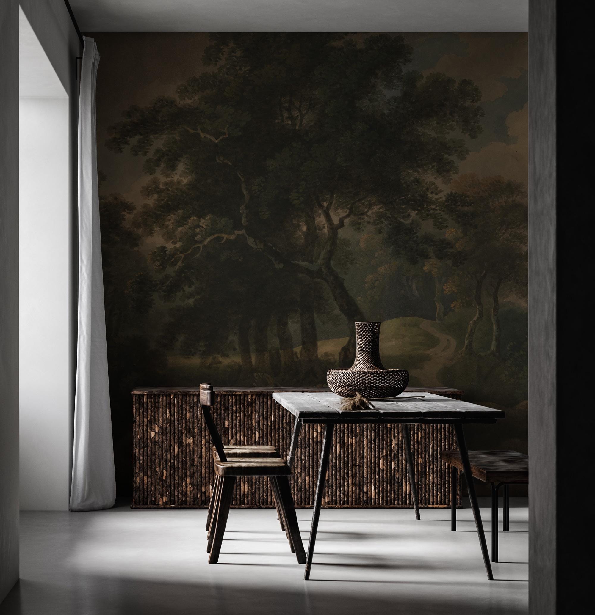 Vintage Forest Landscape Wallpaper, Nature Scene Wall Mural - Custom Size & Peel and Stick - View 4