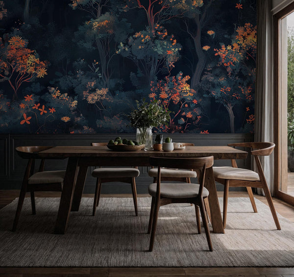 Moody Floral Forest Wallpaper – Dark Botanical Wall Mural, Peel & Stick