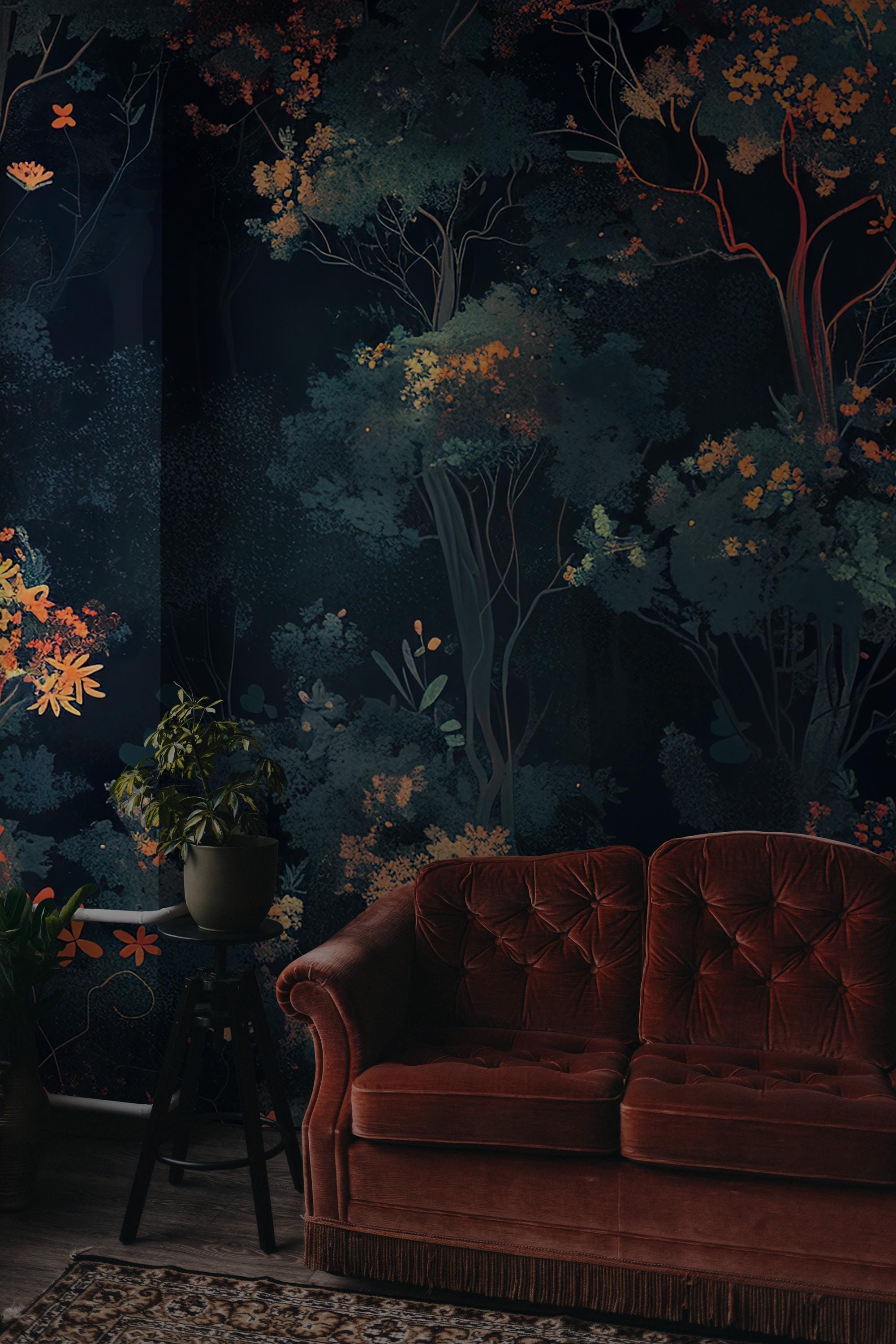 Moody Floral Forest Wallpaper – Dark Botanical Wall Mural, Peel & Stick - View 4