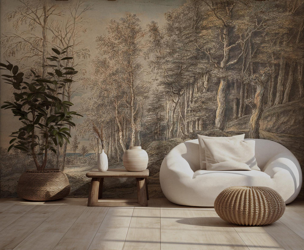 Vintage Forest Landscape Wallpaper: Antique Nature, Peel and Stick Wall Mural - View 2