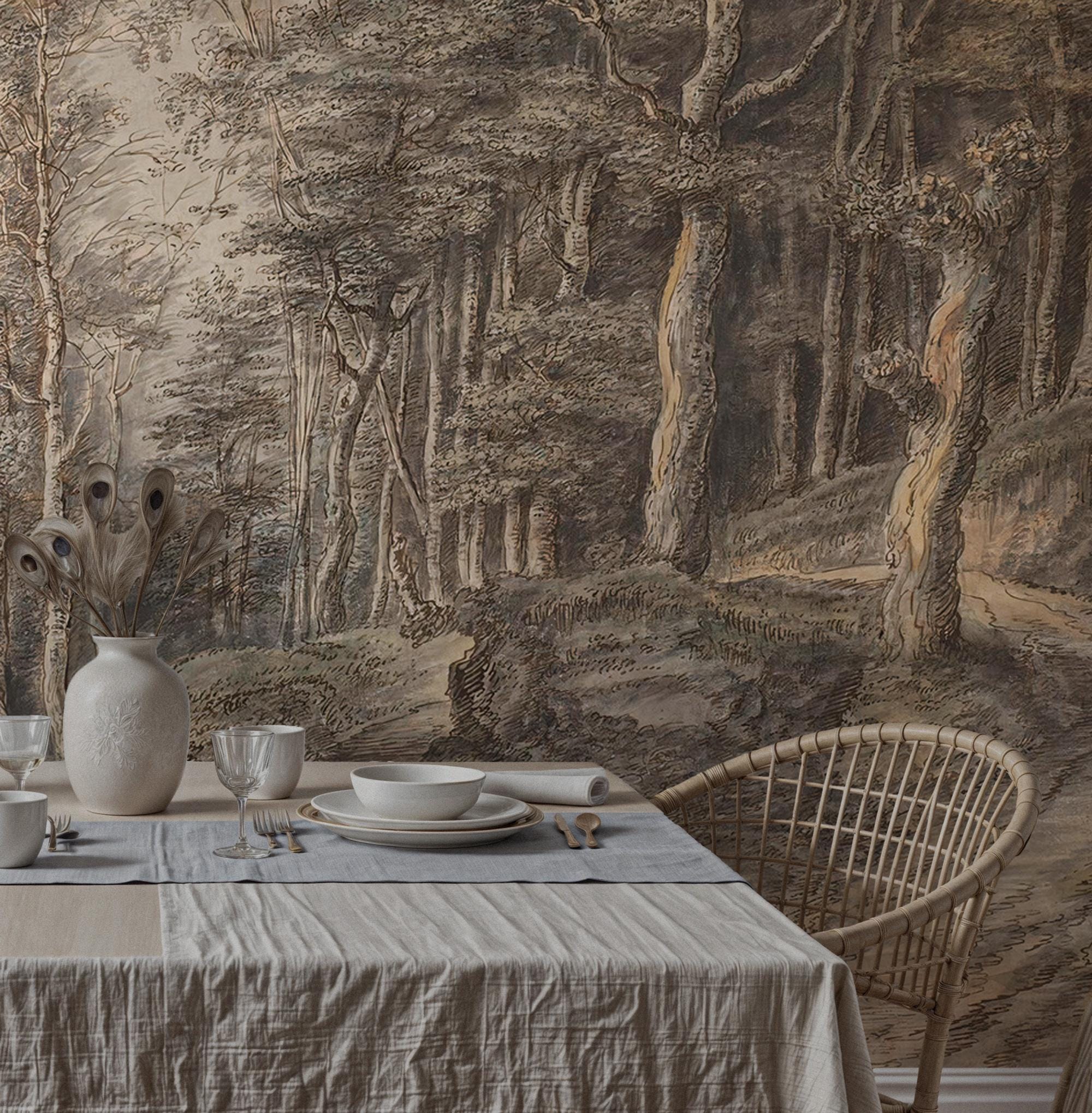 Vintage Forest Landscape Wallpaper: Antique Nature, Peel and Stick Wall Mural - View 3
