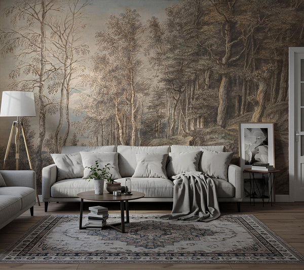 Vintage Forest Landscape Wallpaper: Antique Nature, Peel and Stick Wall Mural