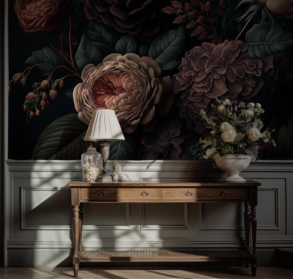 Dark Floral Wall Art, Vintage Botanical Flowers, Elegant Moody Floral Peel and Stick Wallpaper - View 4