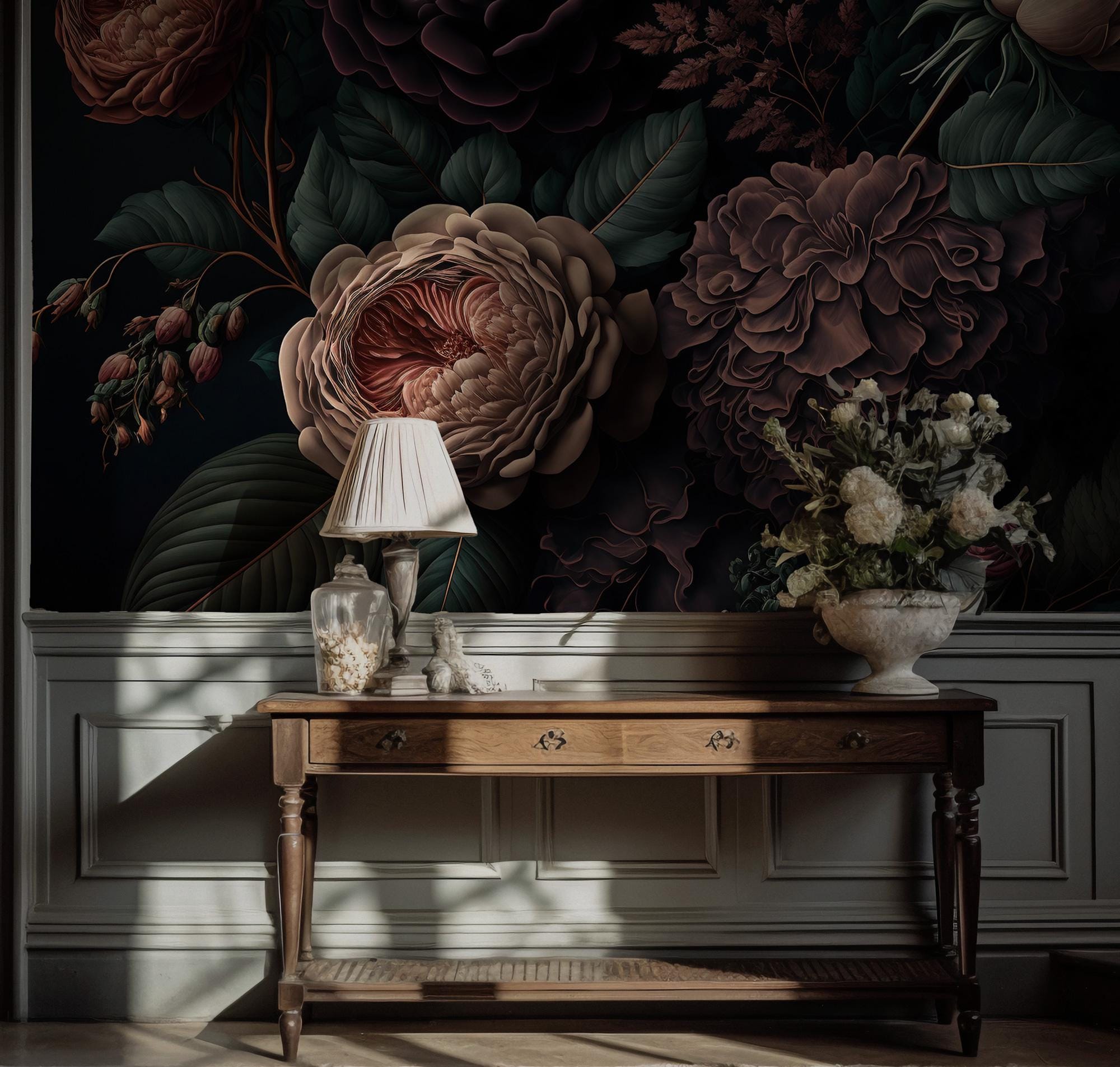 Dark Floral Wall Art, Vintage Botanical Flowers, Elegant Moody Floral Peel and Stick Wallpaper - View 4