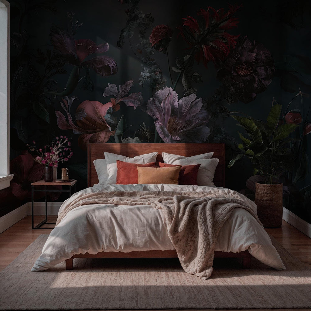 Dark Floral Botanical Wallpaper: Moody Flowers Peel and Stick Wall Mural - View 2