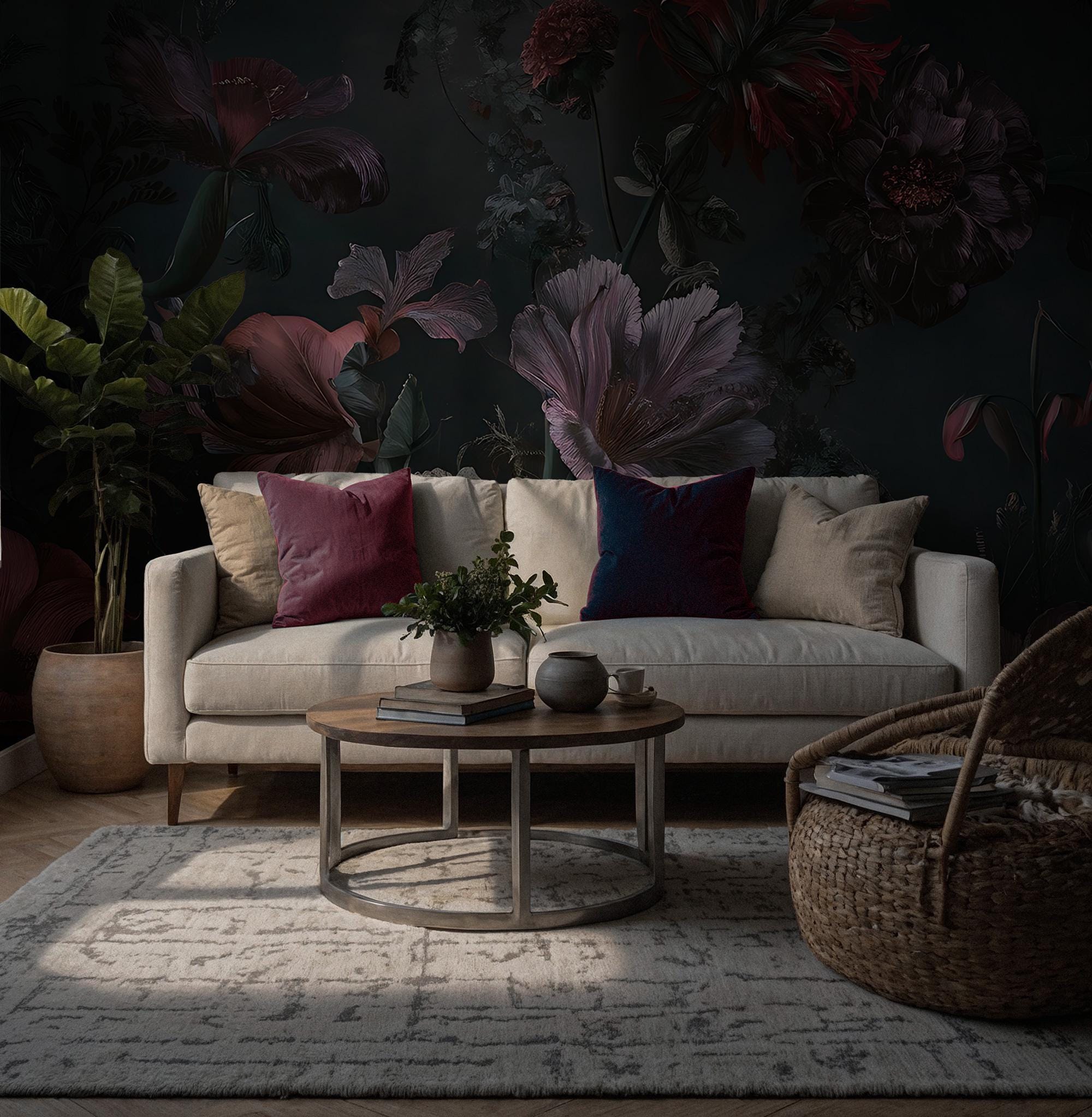 Dark Floral Botanical Wallpaper: Moody Flowers Peel and Stick Wall Mural - View 5