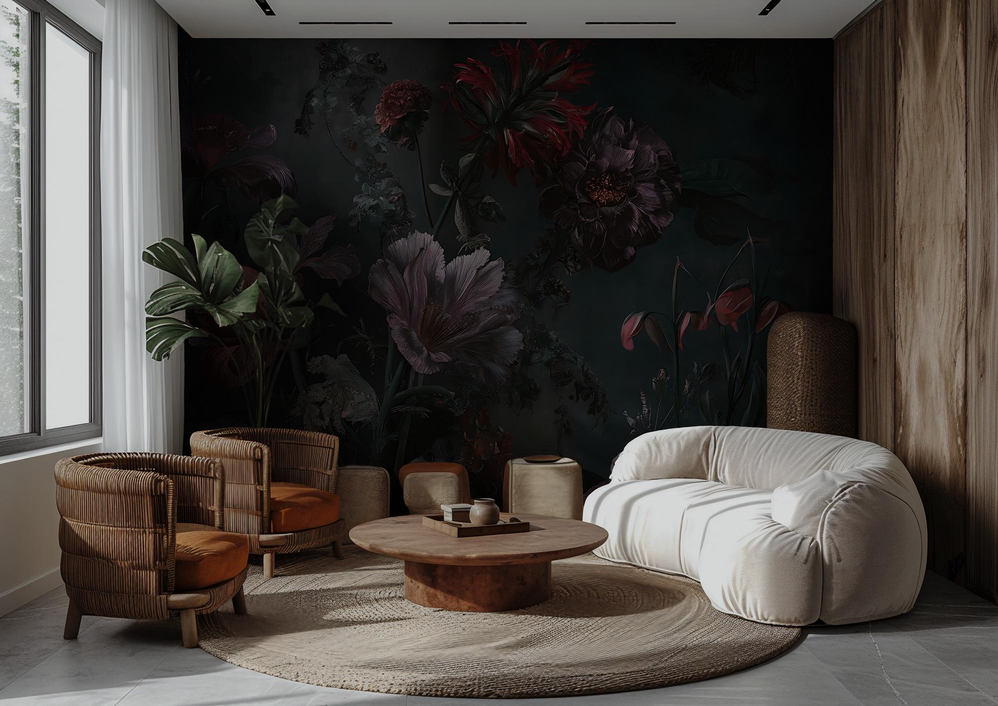 Dark Floral Botanical Wallpaper: Moody Flowers Peel and Stick Wall Mural - View 3