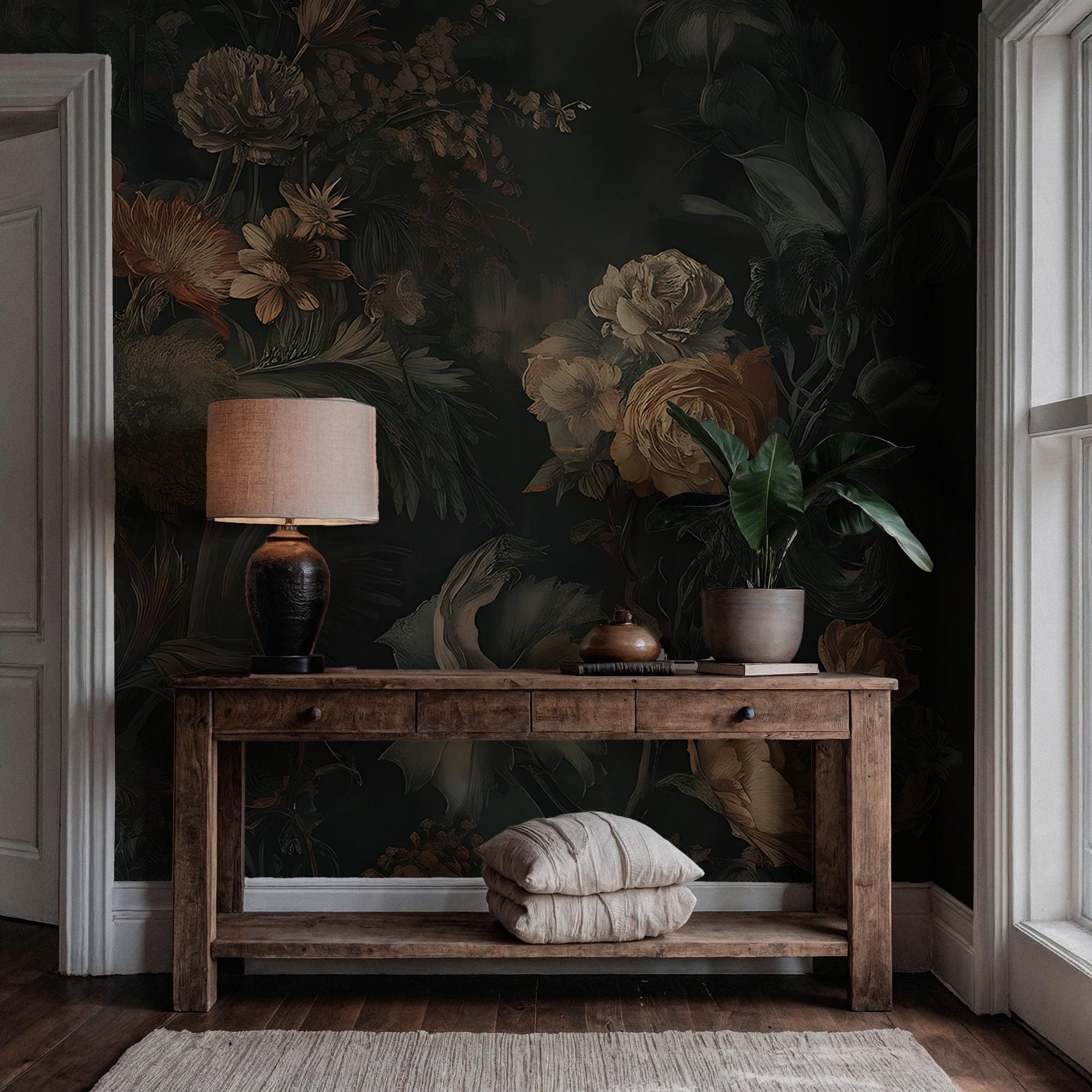 Vintage Botanical Floral Wallpaper – Dark Green Flowers Peel and Stick - View 4
