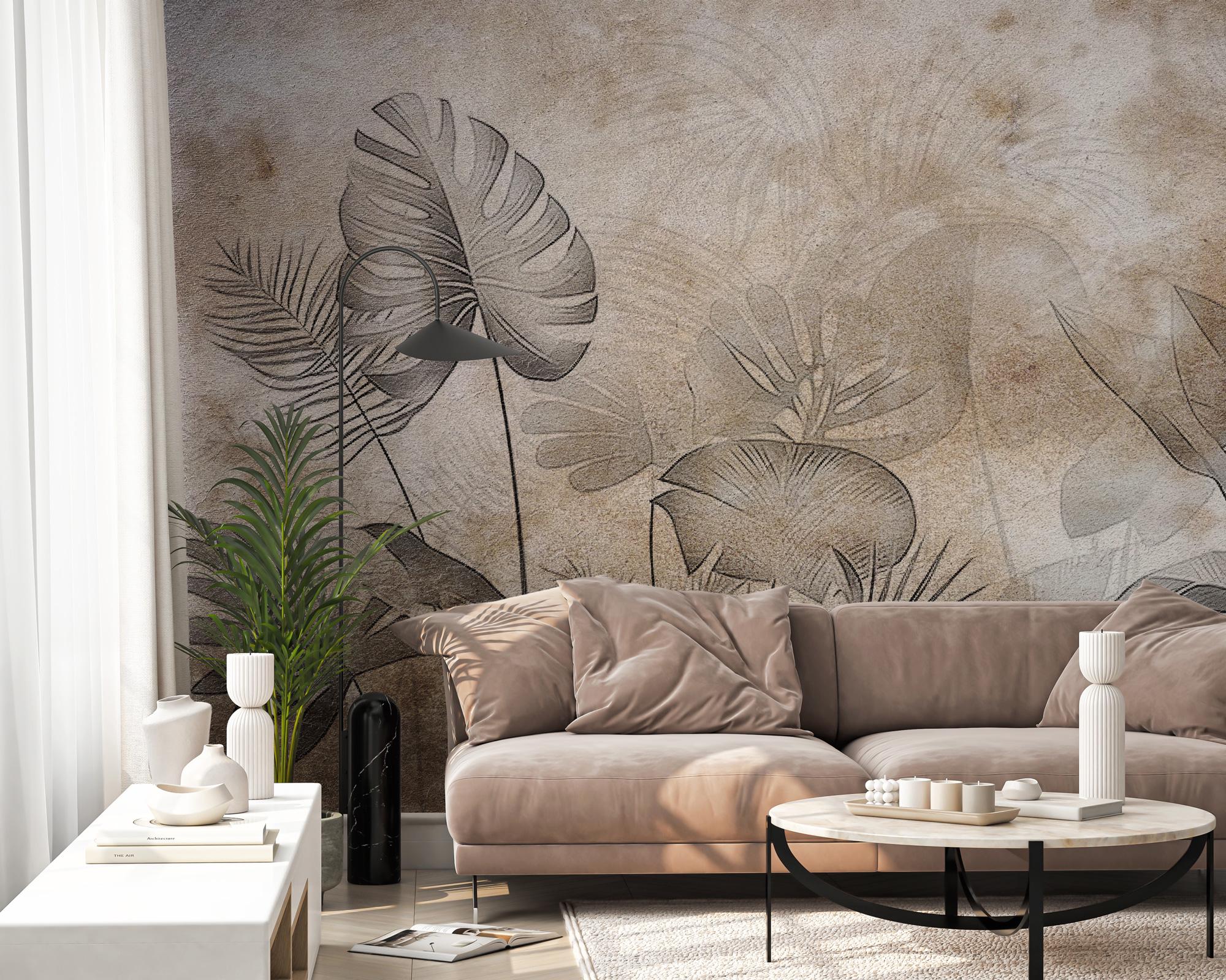 Vintage Tropical Botanical Wallpaper: Neutral Palm Leaves Peel and Stick Wall Mural - View 2