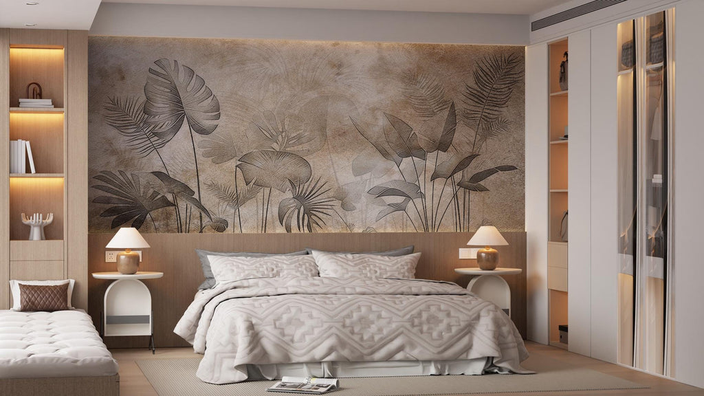 Vintage Tropical Botanical Wallpaper: Neutral Palm Leaves Peel and Stick Wall Mural