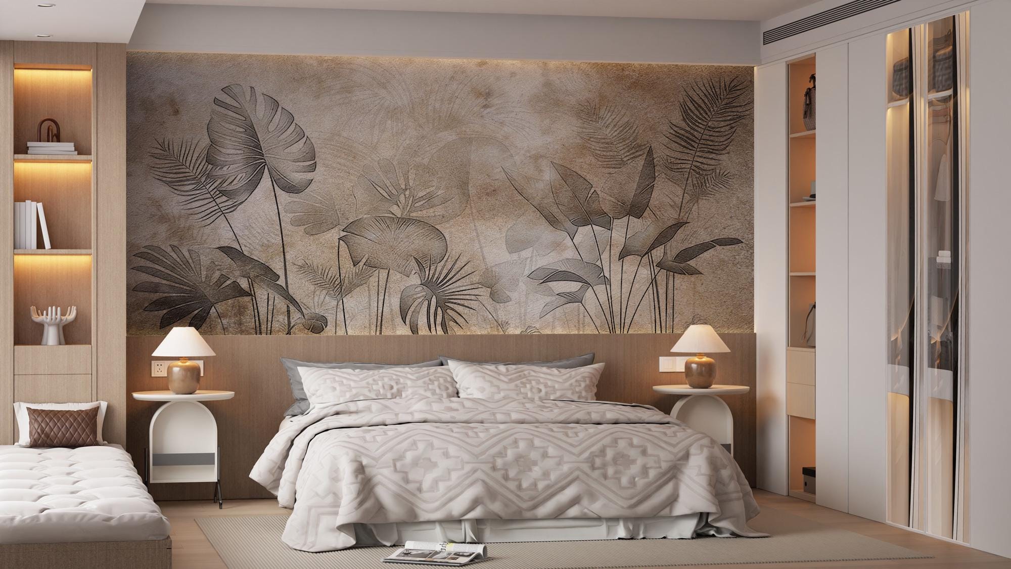 Vintage Tropical Botanical Wallpaper: Neutral Palm Leaves Peel and Stick Wall Mural
