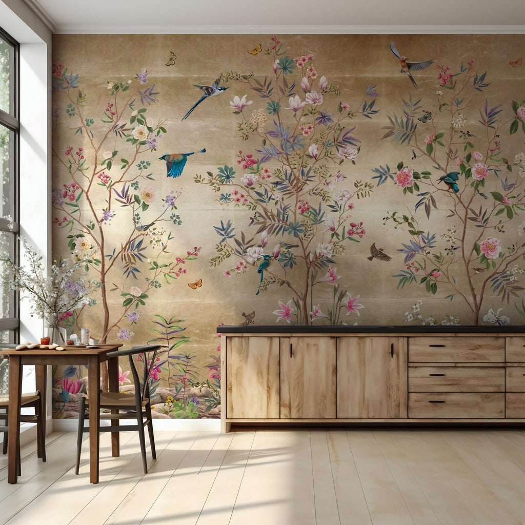 Luxury Gold Mural with Colorful Birds & Flowers: Chinoiserie Nature Wallpaper, Peel and Stick - View 4