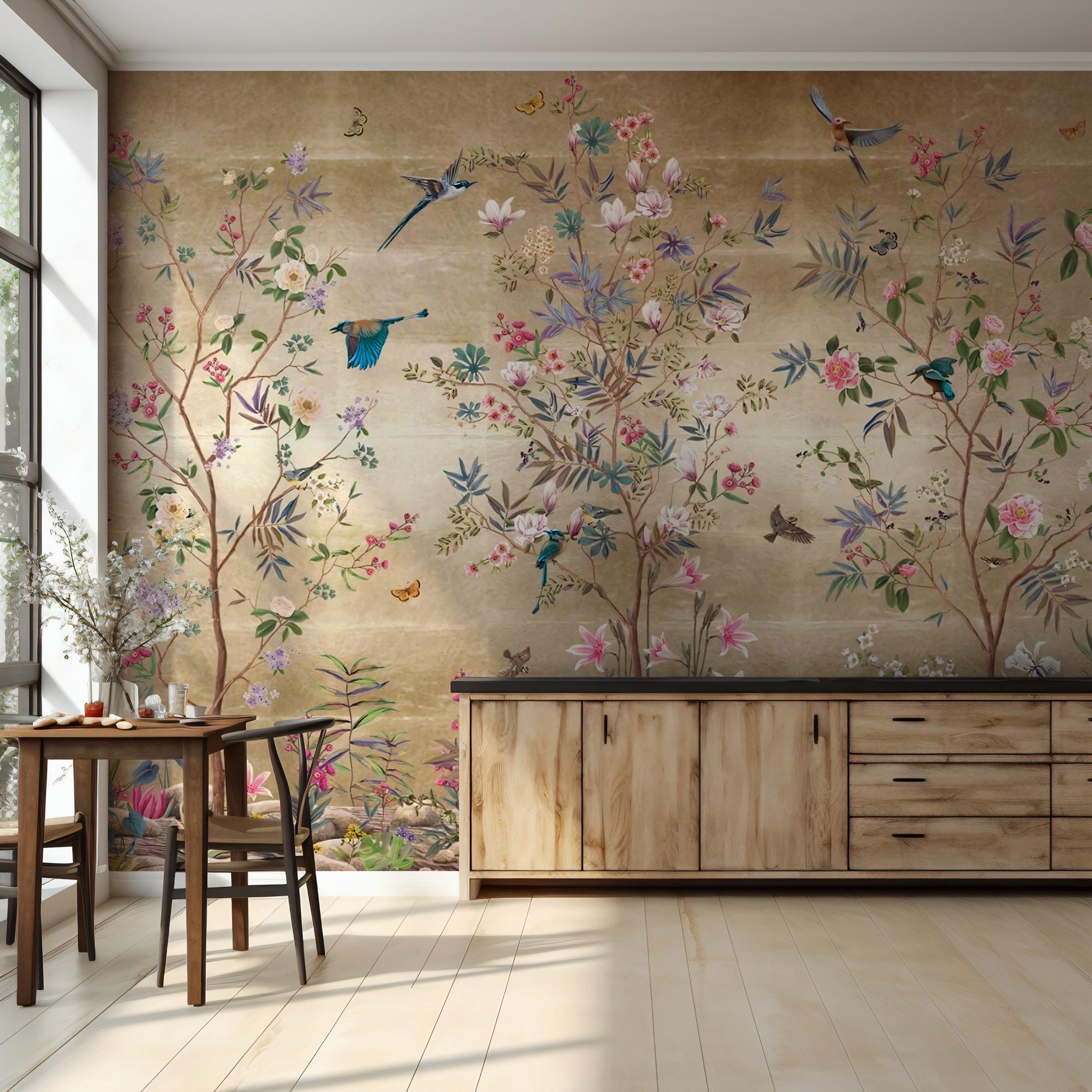 Luxury Gold Mural with Colorful Birds & Flowers: Chinoiserie Nature Wallpaper, Peel and Stick - View 4