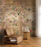 Luxury Gold Mural with Colorful Birds & Flowers: Chinoiserie Nature Wallpaper, Peel and Stick