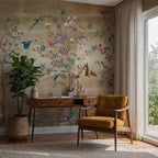 Luxury Gold Mural with Colorful Birds & Flowers: Chinoiserie Nature Wallpaper, Peel and Stick - View 2