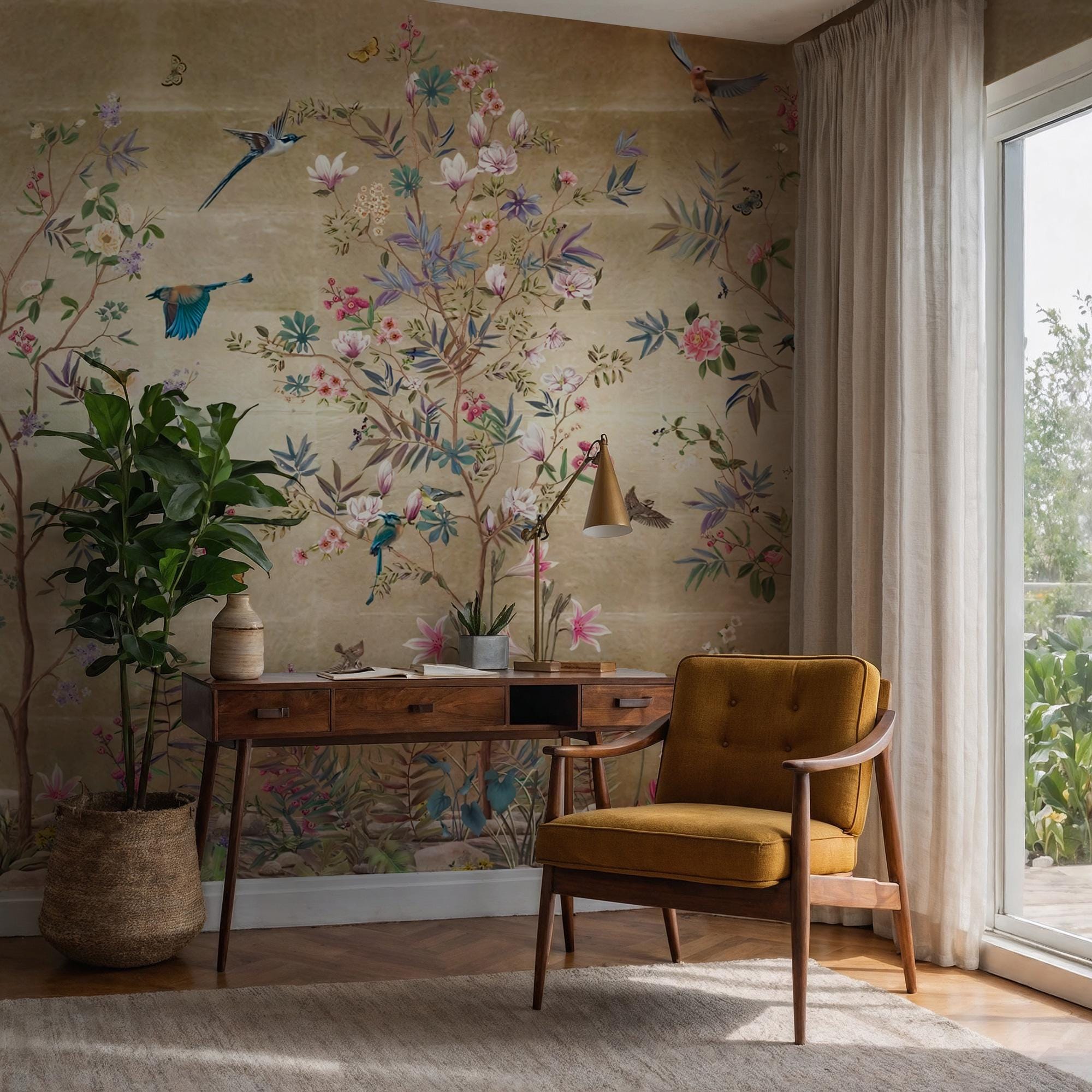 Luxury Gold Mural with Colorful Birds & Flowers: Chinoiserie Nature Wallpaper, Peel and Stick - View 2