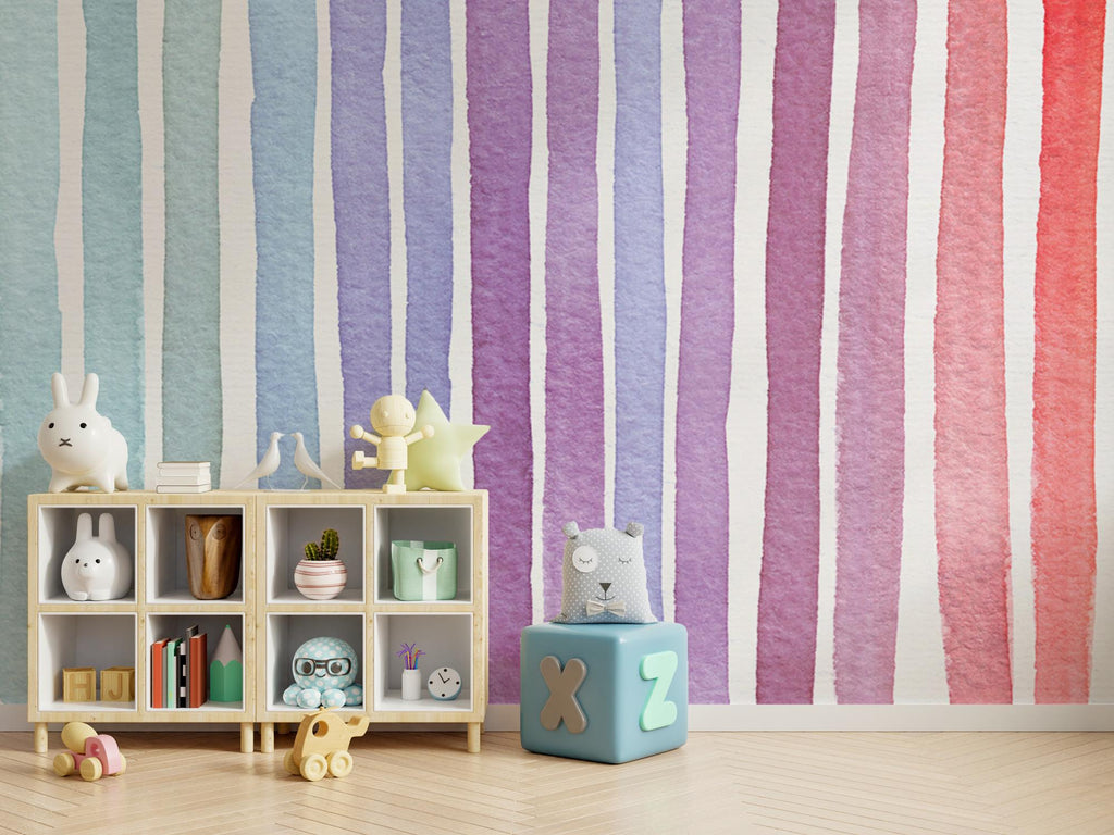Pastel Rainbow Watercolor Stripes Wallpaper: Nursery Wall Mural, Peel and Stick - View 3