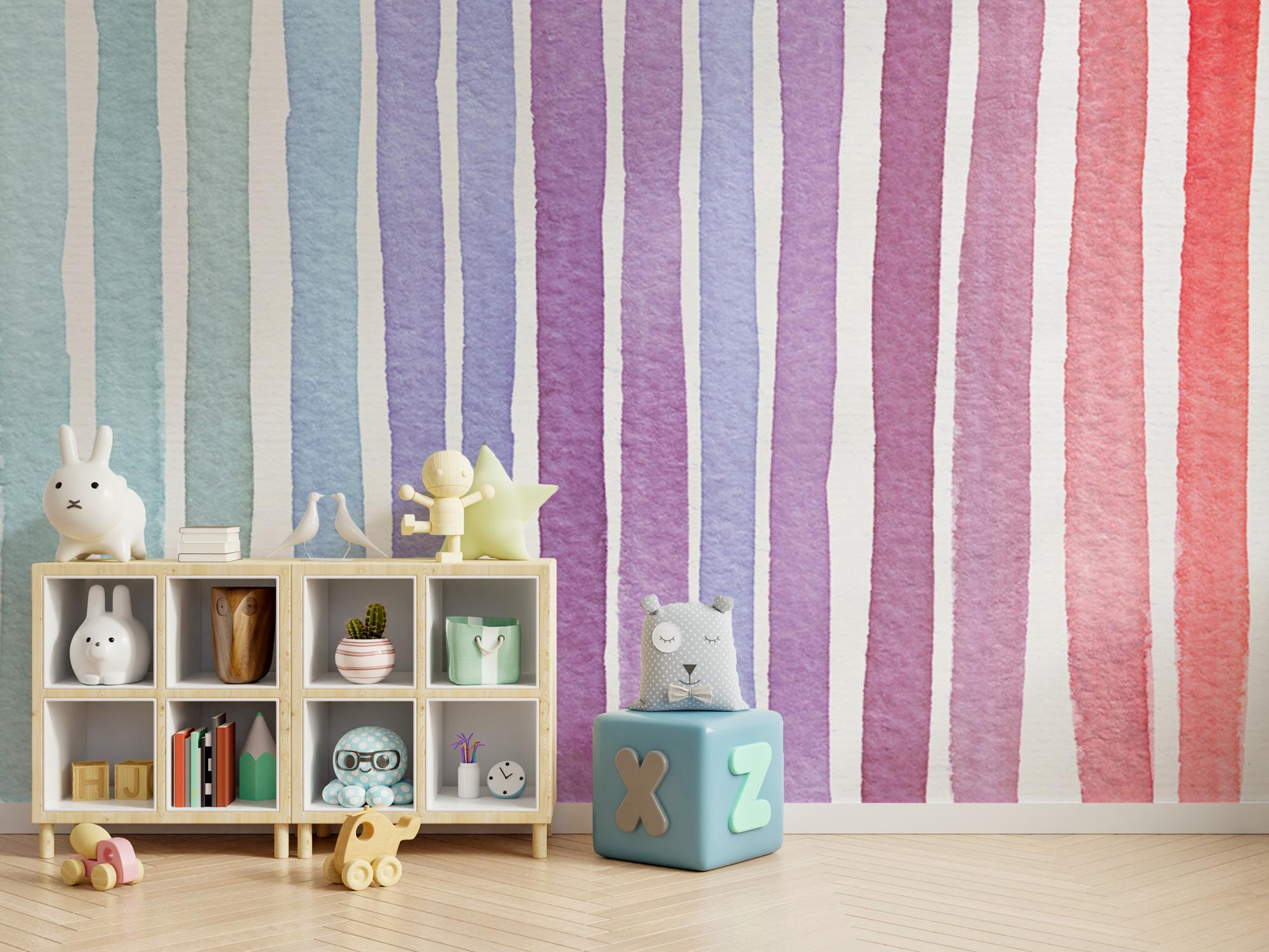Pastel Rainbow Watercolor Stripes Wallpaper: Nursery Wall Mural, Peel and Stick - View 3