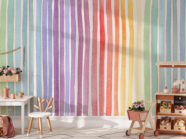 Pastel Rainbow Watercolor Stripes Wallpaper: Nursery Wall Mural, Peel and Stick