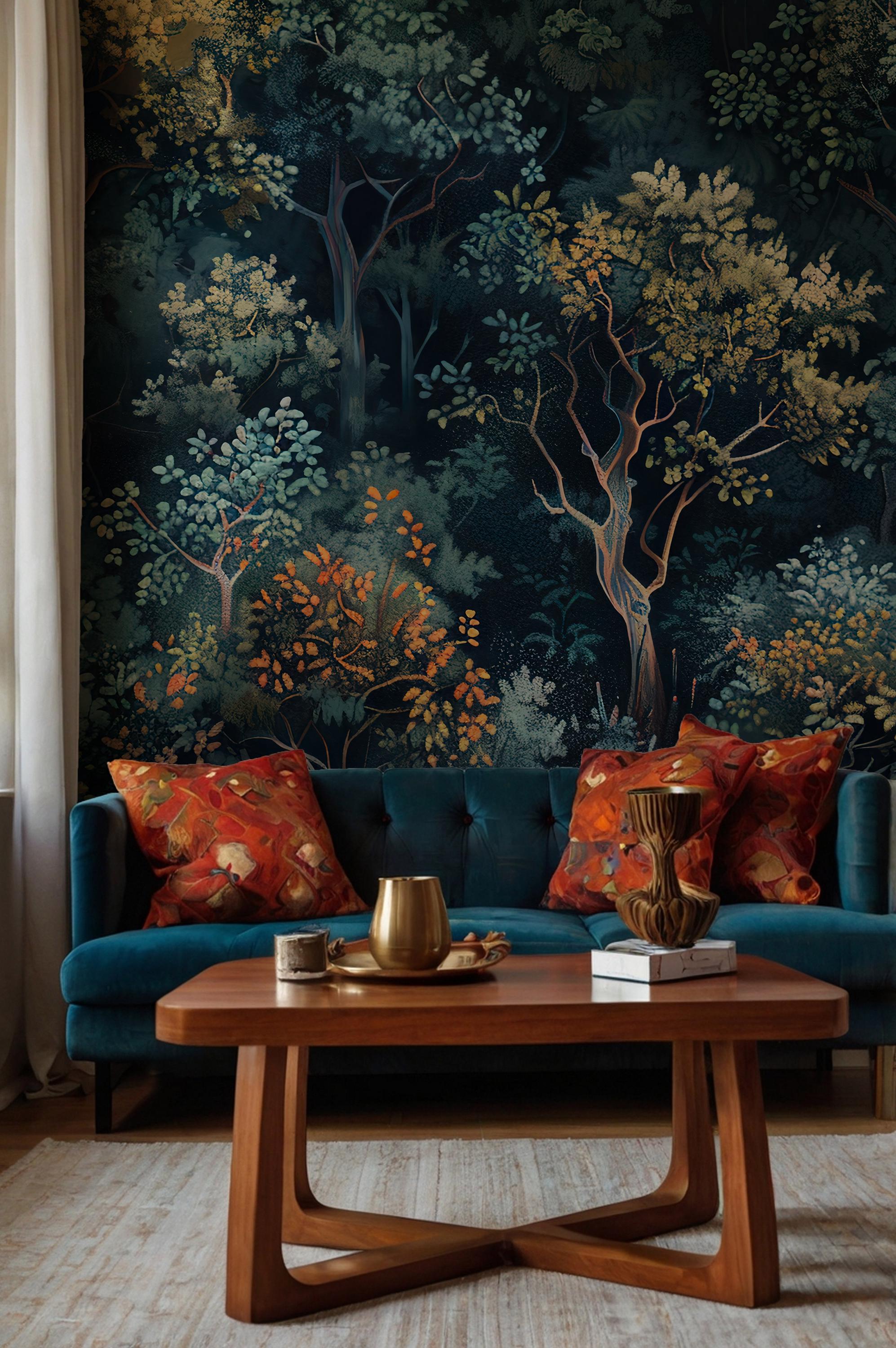 Artistic Forest Wallpaper, Dark Botanical Tree Pattern, Moody Modern Vintage Peel and Stick Wallpaper - View 2
