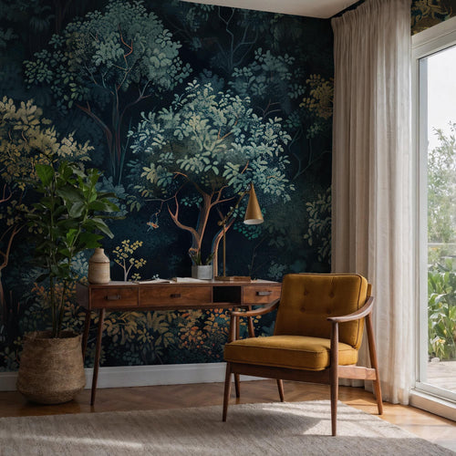 Artistic Forest Wallpaper, Dark Botanical Tree Pattern, Moody Modern Vintage Peel and Stick Wallpaper