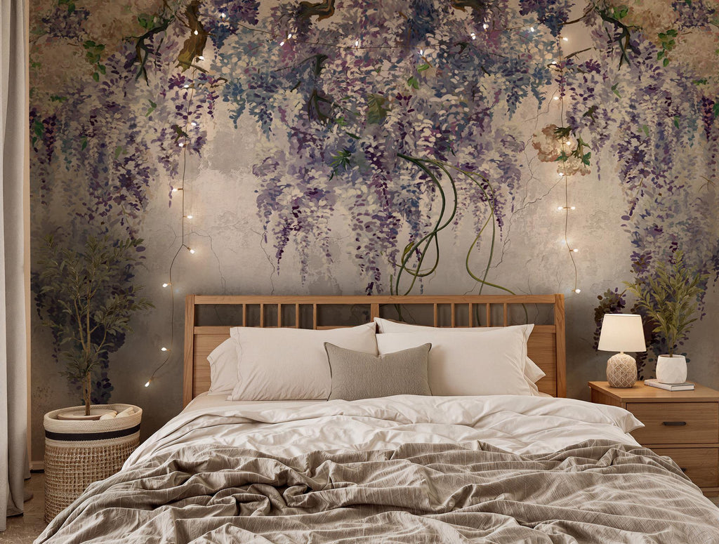 Wisteria Floral Wallpaper, Romantic Soft Pastel Flower Decor, Peel & Stick Botanical Wall Mural - View 2