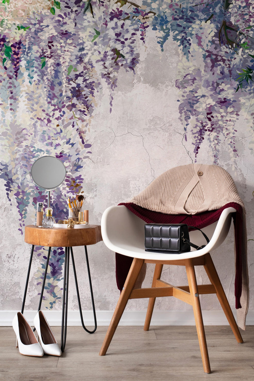Wisteria Floral Wallpaper, Romantic Soft Pastel Flower Decor, Peel & Stick Botanical Wall Mural - View 4