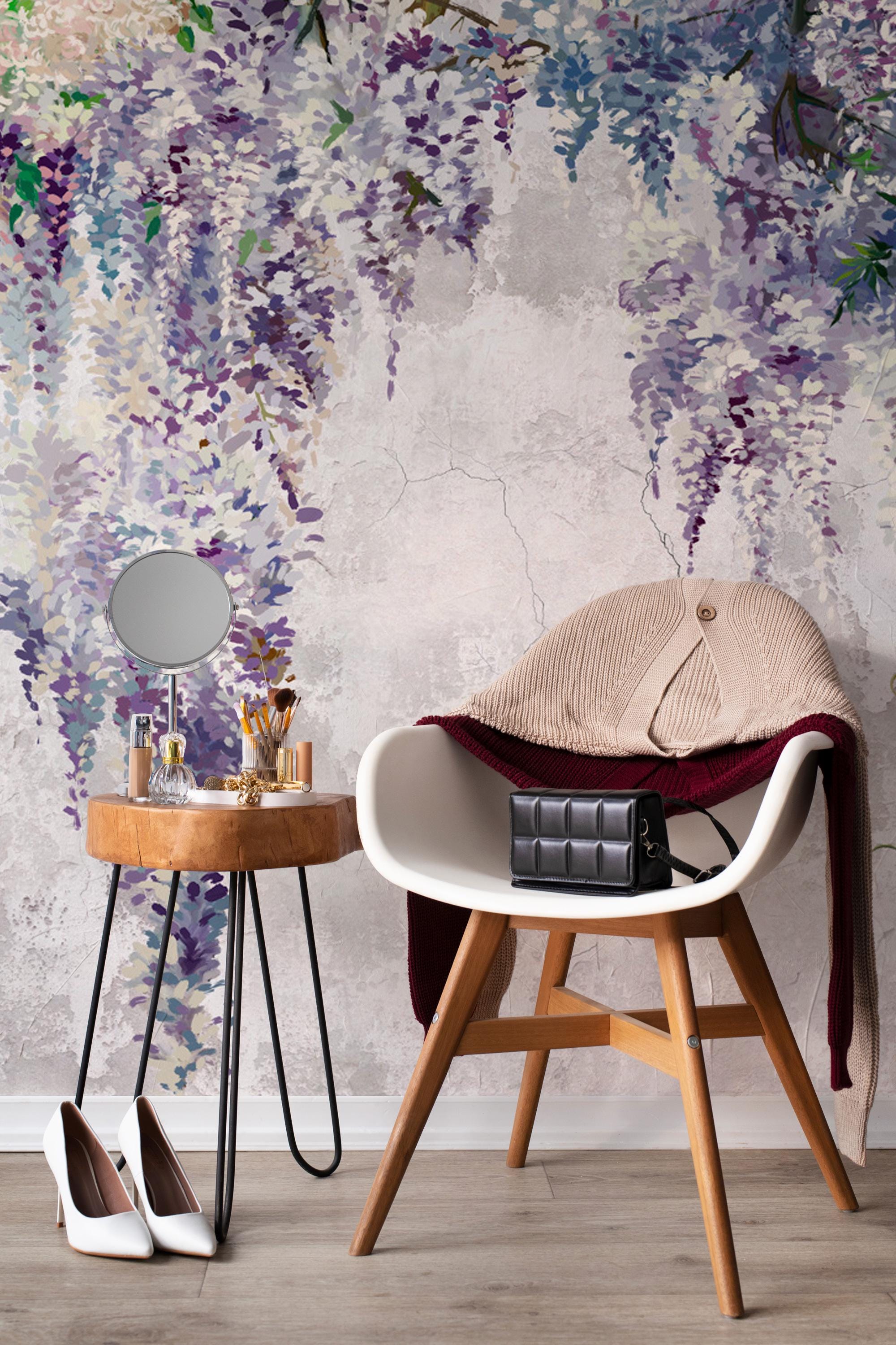 Wisteria Floral Wallpaper, Romantic Soft Pastel Flower Decor, Peel & Stick Botanical Wall Mural - View 4
