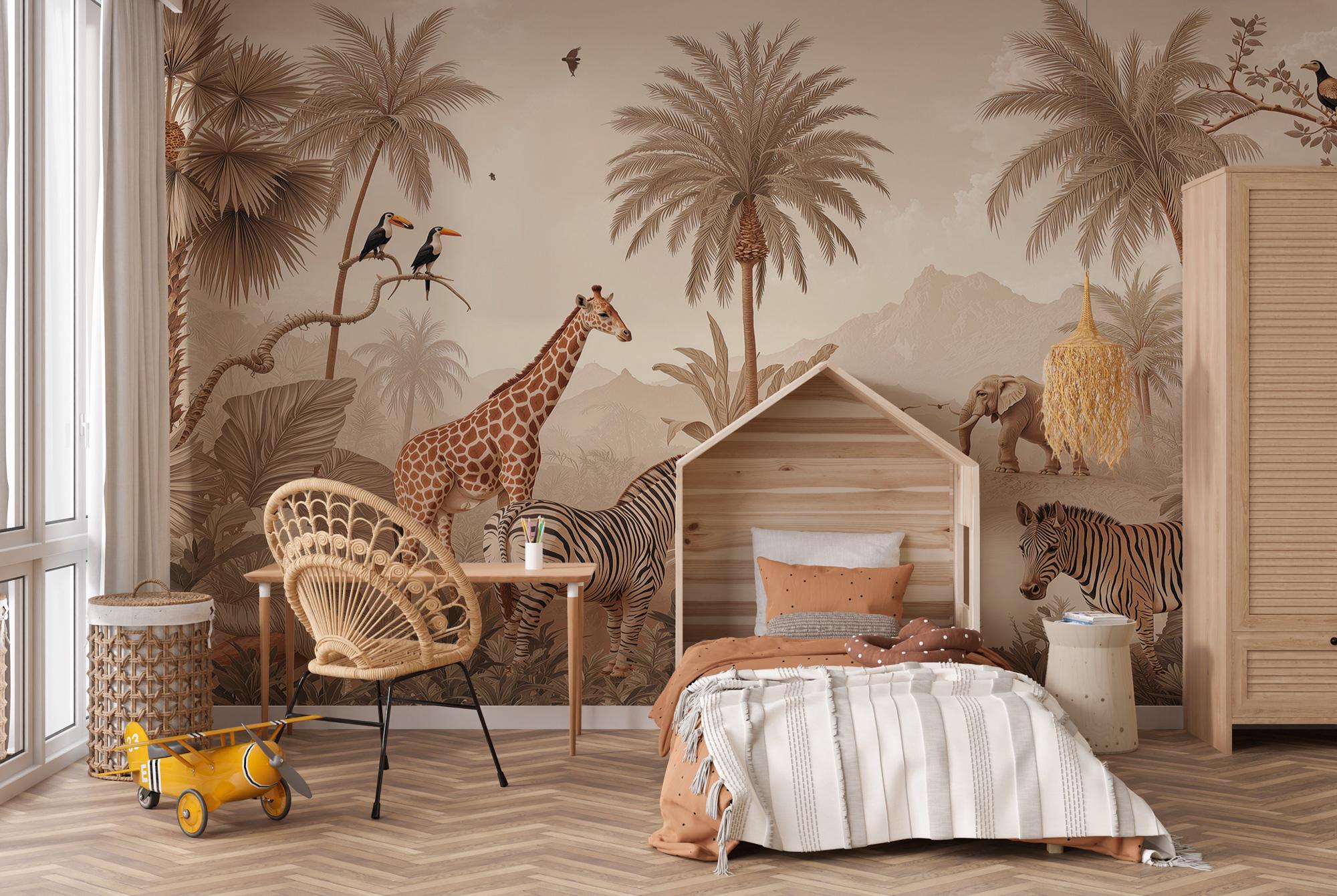 Safari Animals Wallpaper, Jungle Wall Mural, Beige Nursery Decor, Peel and Stick - View 4