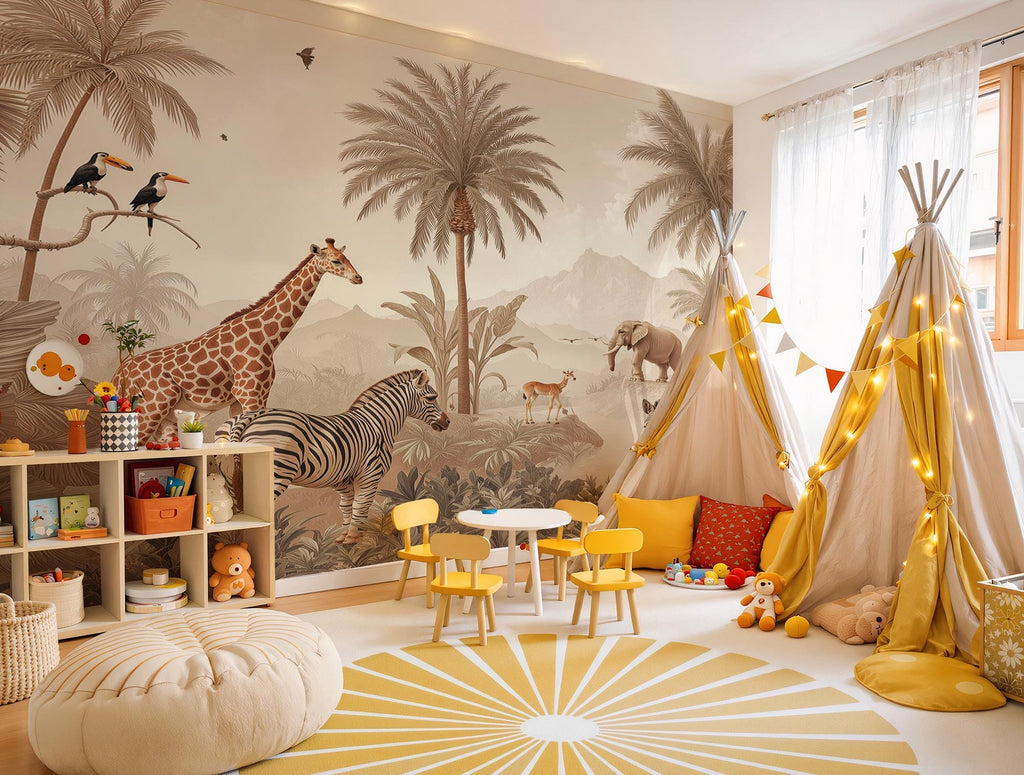 Safari Animals Wallpaper, Jungle Wall Mural, Beige Nursery Decor, Peel and Stick - View 2