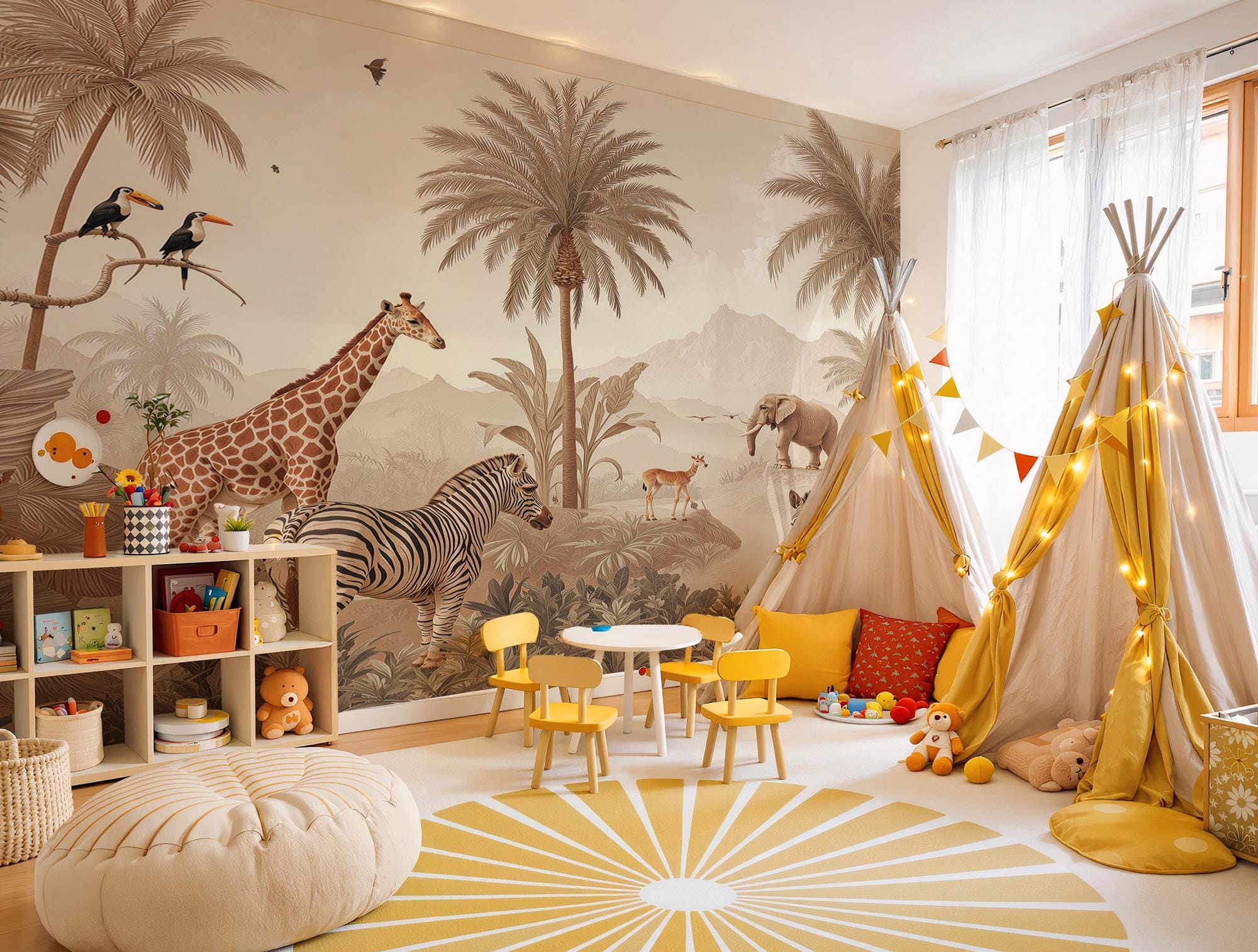 Safari Animals Wallpaper, Jungle Wall Mural, Beige Nursery Decor, Peel and Stick - View 2