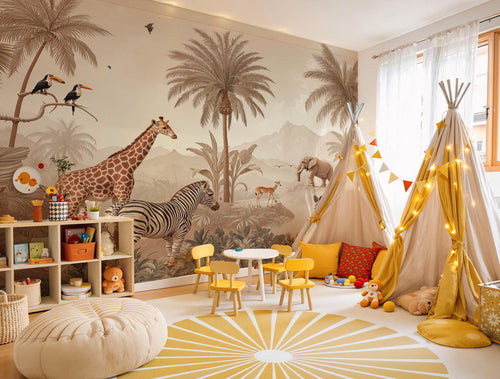 Safari Animals Wallpaper, Jungle Wall Mural, Beige Nursery Decor, Peel and Stick - View 2