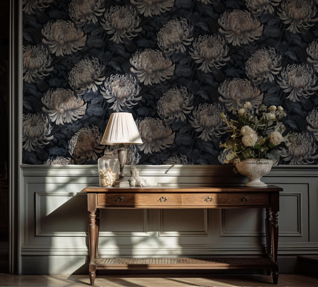 Dark Floral Wallpaper: Botanical Peel & Stick Wall Mural - View 2