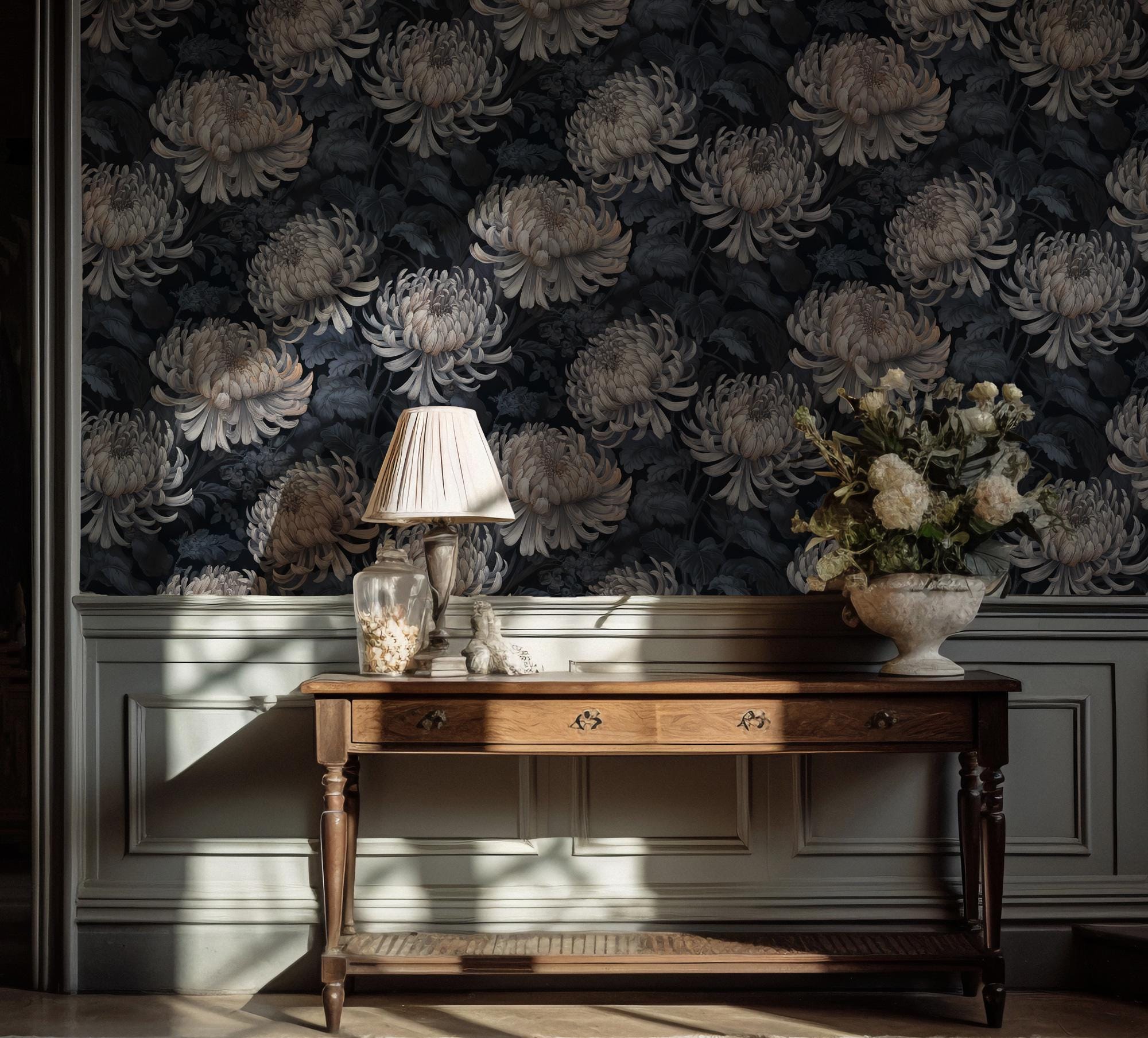 Dark Floral Wallpaper: Botanical Peel & Stick Wall Mural - View 2