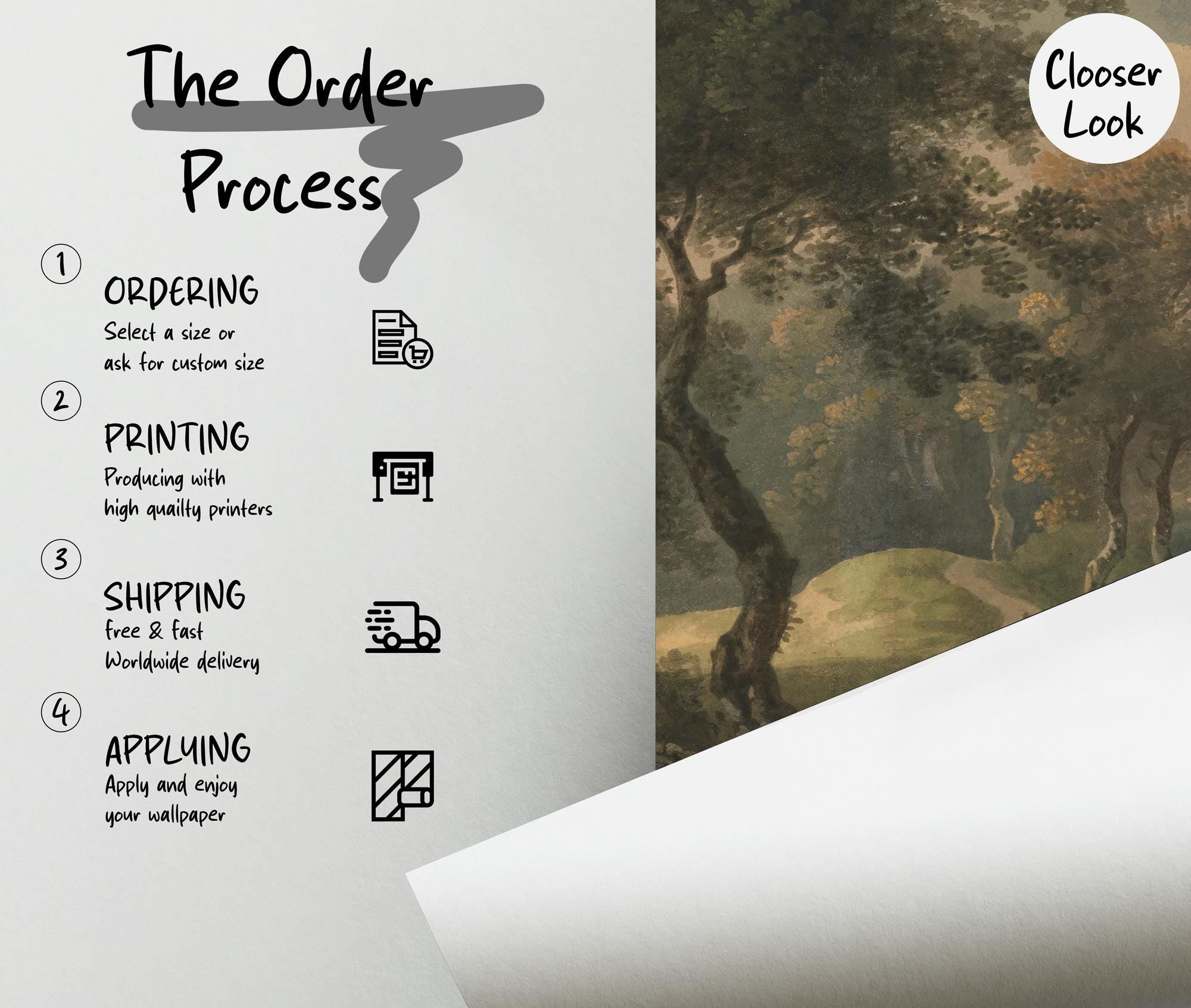 Vintage Forest Landscape Wallpaper, Nature Scene Wall Mural - Custom Size & Peel and Stick - View 5