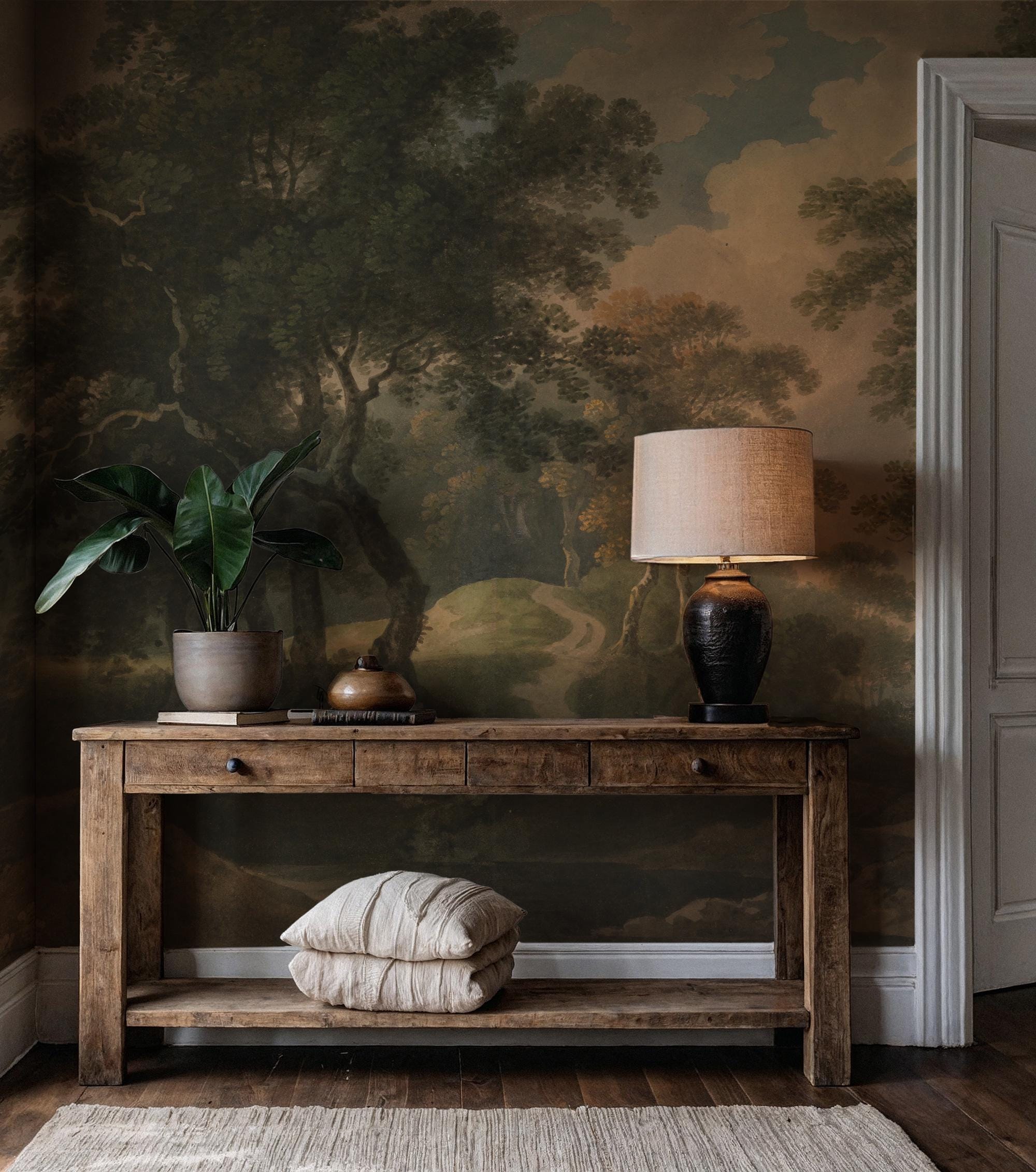 Vintage Forest Landscape Wallpaper, Nature Scene Wall Mural - Custom Size & Peel and Stick - View 3