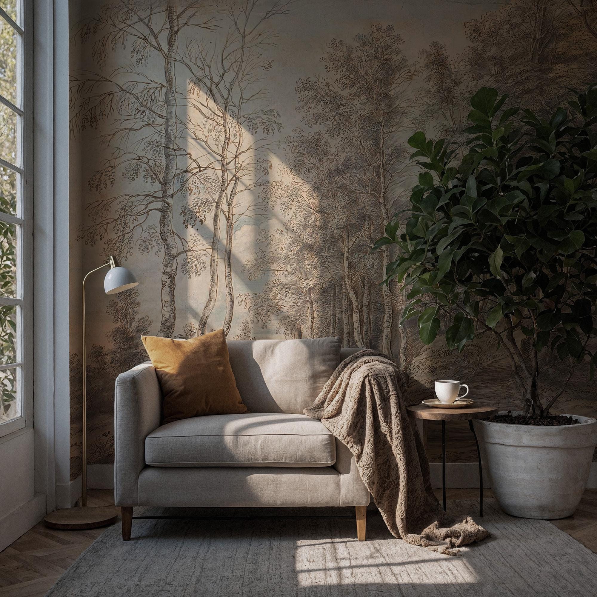 Vintage Forest Landscape Wallpaper: Antique Nature, Peel and Stick Wall Mural - View 5